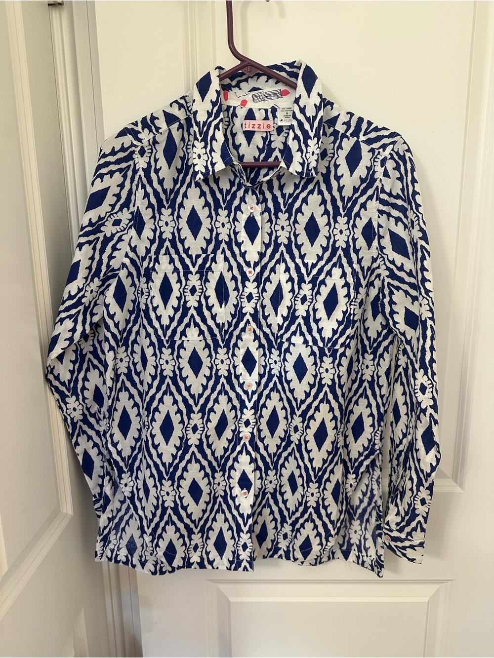 Tizzie Women's Blue & White Printed Linen Blend Button-Down Shirt